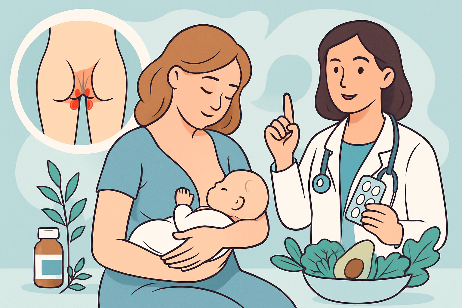 Junge Mutter mit Baby erhält sichere Behandlung für postpartale Hämorrhoiden im Wochenbett